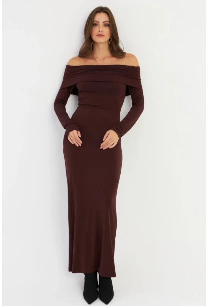 Kadın Kahverengi Madonna Yaka Maxi Elbise LİK10