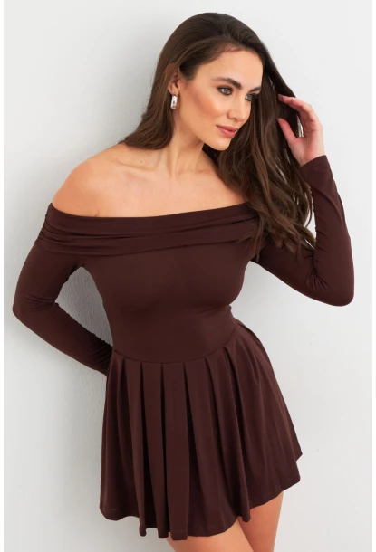 Kadın Kahverengi Madonna Yaka Midi Elbise MON1262