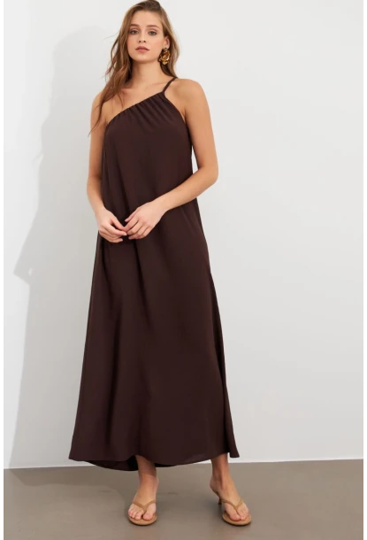 Kadın Kahverengi Tek Omuz Maxi Elbise İRE1012
