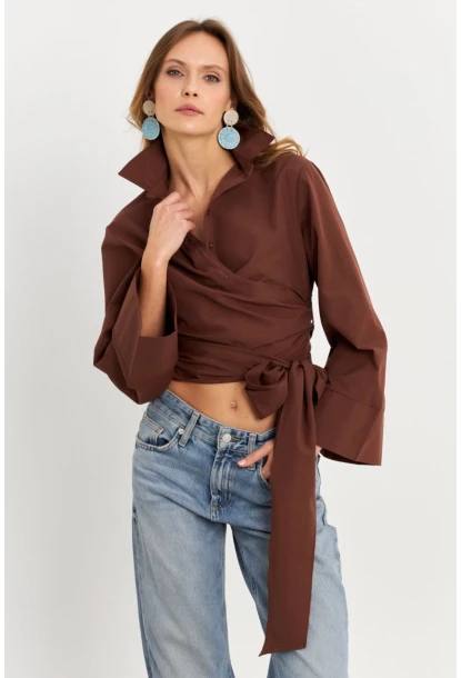 Kadın Kahverengi Önü Bağlamalı İspanyol Kol Gömlek MON142