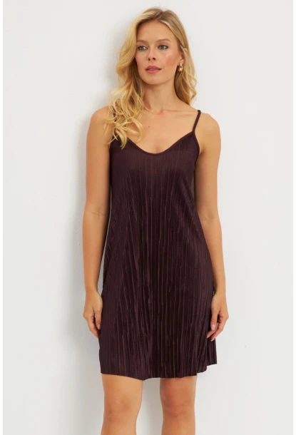 Kadın Kahverengi Piliseli Mini Elbise  DMR338