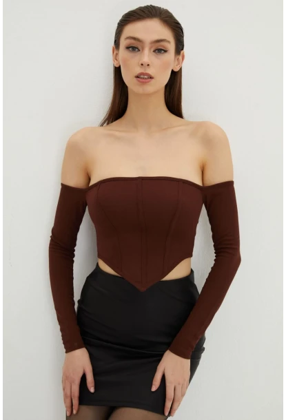 Kadın Kahverengi Sırt Fermuarlı Crop Bluz B518