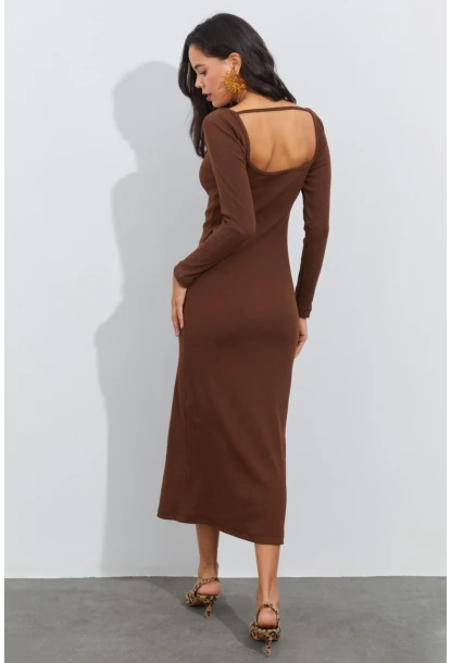 Kadın Kahverengi V Yaka Maxi Kaşkorse Elbise EY1086