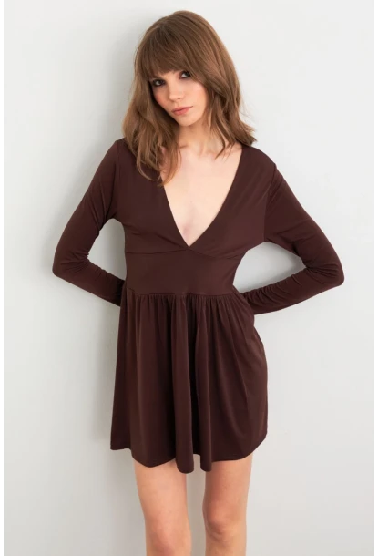 Kadın Kahverengi V Yaka Mini Elbise LİK17