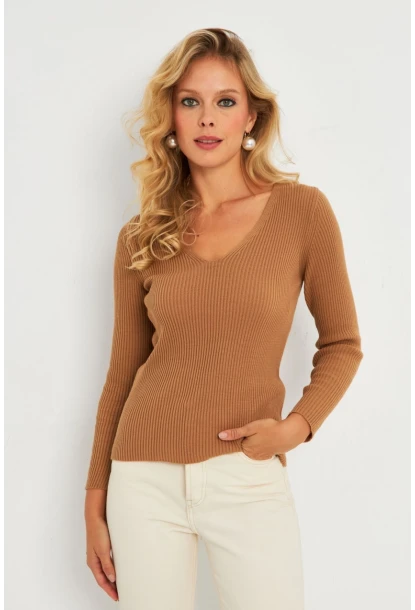 Kadın Kahverengi V Yaka Triko Bluz YV284