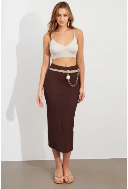 Kadın Kahverengi Yırtmaçlı Bürümcük Midi Etek ZH329