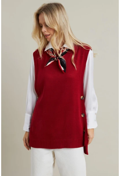 Kadın Kiremit Yanları Düğmeli Kolsuz Triko Tunik MYV75