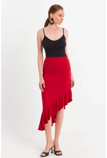 Kadın Kırmızı Asimetrik Pileli Etek EV741