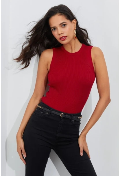 Kadın Kırmızı Bisiklet Yaka Triko Bluz YV91