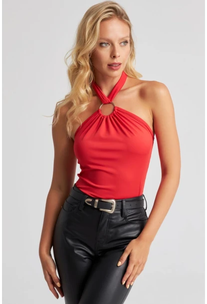 Kadın Kırmızı Boyun Bağlamalı Halkalı Crop Bluz EY2674