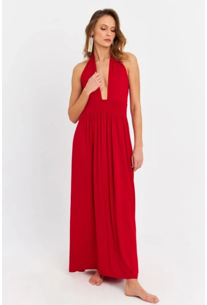Kadın Kırmızı Boyun Bağlamalı Maxi Elbise EY3075