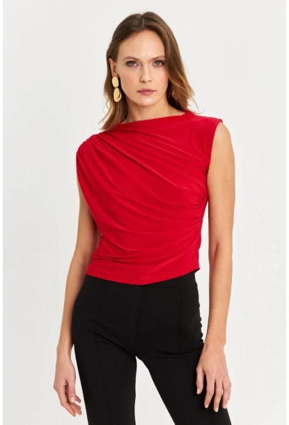 Kadın Kırmızı Büzgülü Kolsuz Bluz LPP1205-90