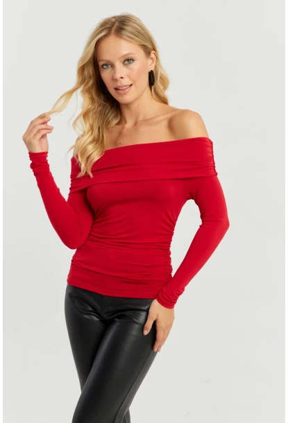 Kadın Kırmızı Büzgülü Madonna Bluz MON1119
