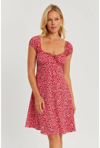 Kadın Kırmızı Çiçekli Mini Elbise GÇ165
