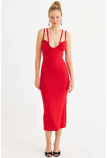 Kadın Kırmızı Çift Askılı V Yaka Midi Elbise EY3087