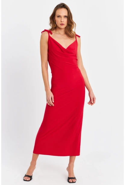 Kadın Kırmızı Degaje Maxi Elbise HOR0071
