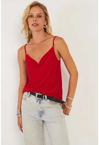 Kadın Kırmızı Degaje Yaka Bluz LPP1286