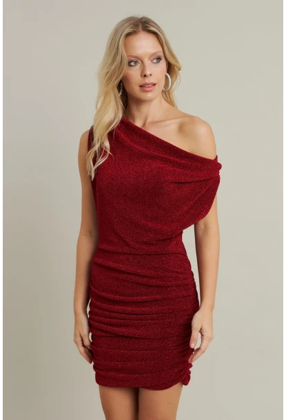 Kadın Kırmızı Degaje Yaka Büzgülü Mini Elbise YEL96