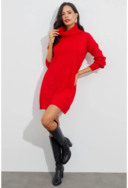 Kadın Kırmızı Degaje Yaka Triko Mini Elbise YV73