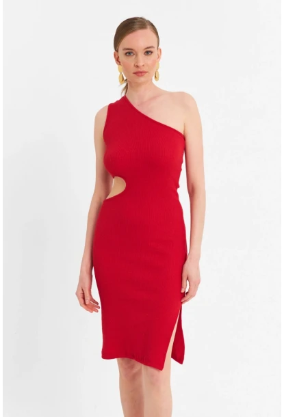 Kadın Kırmızı Dekolteli Kaşkorse Midi Elbise OR2460