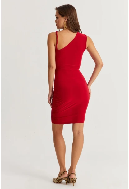 Kadın Kırmızı Drapeli Midi Elbise ELT155