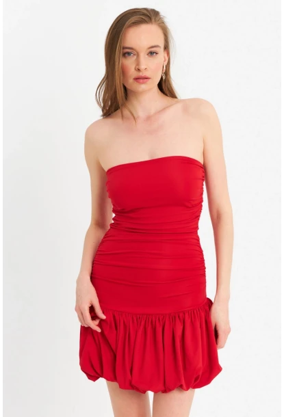 Kadın Kırmızı Drapeli Mini Elbise B6033