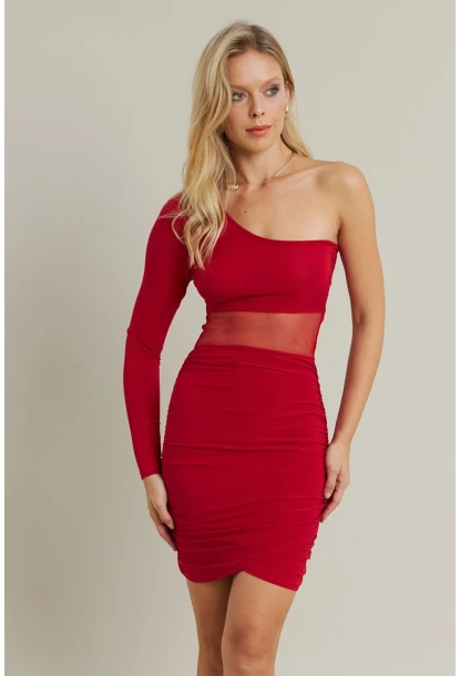 Kadın Kırmızı Drapeli Tül Detaylı Mini Elbise ELT3850