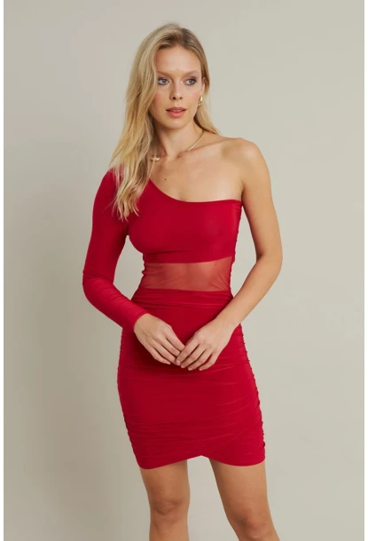 Kadın Kırmızı Drapeli Tül Detaylı Mini Elbise ELT3850