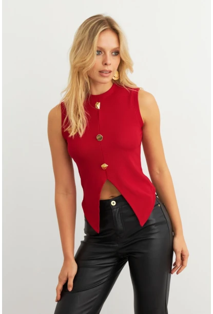 Kadın Kırmızı Düğme Detaylı Bluz RLO145