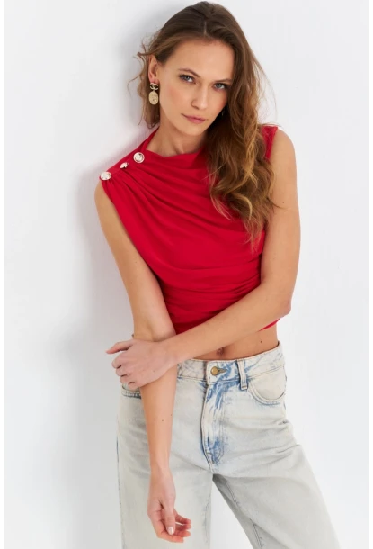 Kadın Kırmızı Düğme Detaylı Büzgülü Bluz LPP1205-1