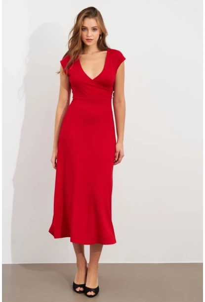 Kadın Kırmızı Düğme Detaylı Kruvaze Midi Elbise EY0011