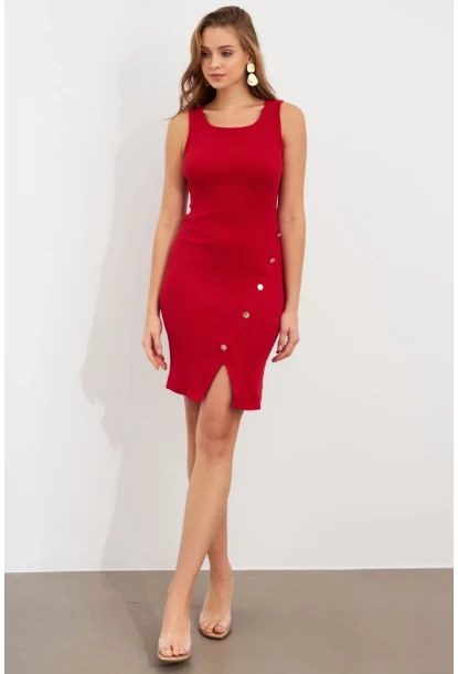 Kadın Kırmızı Düğme Detaylı Midi Elbise URO1111