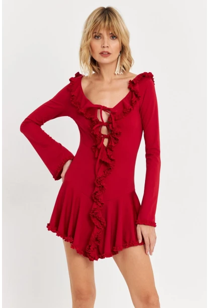 Kadın Kırmızı Fırfırlı Mini Elbise DCF121