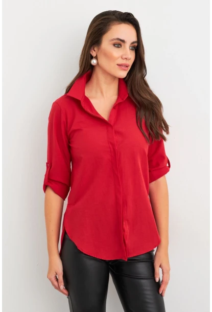 Kadın Kırmızı Gizli Düğmeli Uzun Gömlek SF2001