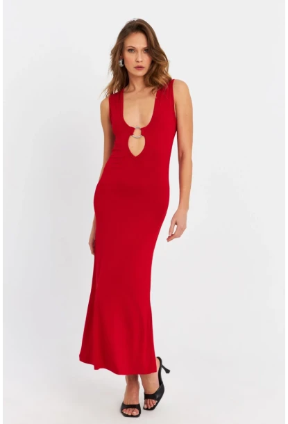 Kadın Kırmızı Halka Detaylı Pencereli Midi Elbise EY3078