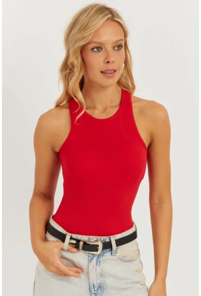 Kadın Kırmızı Halter Yaka Bluz AYD299