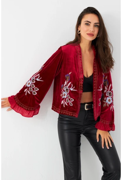 Kadın Kırmızı İspanyol Kol Nakışlı Kadife Ceket QS5577