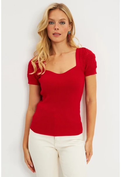 Kadın Kırmızı Kalp Taka Triko Bluz SMT228