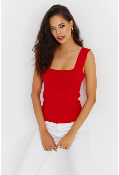 Kadın Kırmızı Kare Yaka Triko Bluz YV87