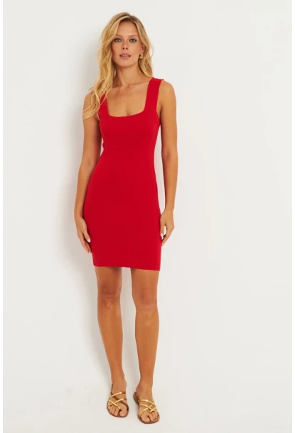 Kadın Kırmızı Kare Yaka Triko Mini Elbise YV225