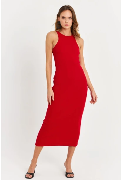 Kadın Kırmızı Kolsuz Kaşkorse Midi Elbise EY3049