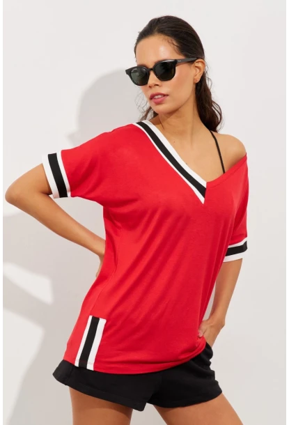 Kadın Kırmızı Kontrast T-Shirt ST396