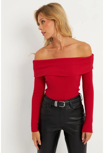 Kadın Kırmızı Madonna Yaka Kaşkorse Bluz XL2210