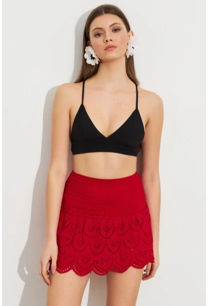 Kadın Kırmızı Nakışlı Mini Etek ZH111
