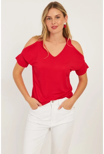 Kadın Kırmızı Omuzları Açık Bluz BR1329