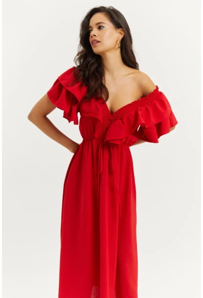 Kadın Kırmızı Ön Arka V Volanlı Elbise KS113