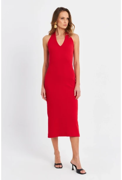 Kadın Kırmızı Pencereli Kaşkorse Midi Elbise EY3063