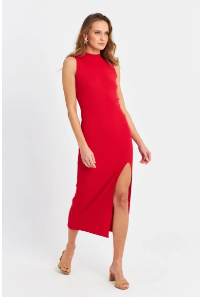 Kadın Kırmızı Sırtı Açık Kaşkorse Midi Elbise EY3064