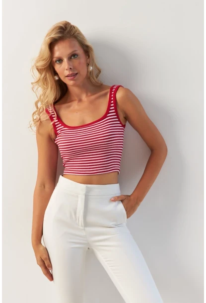 Kadın Kırmızı-Siyah İkili Kare Yaka Çizgili Bluz XL2040