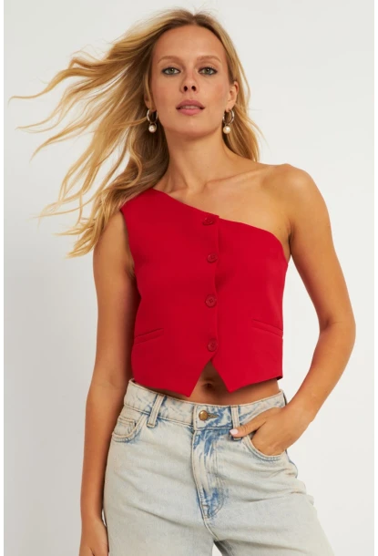 Kadın Kırmızı Tek Omuz Astarlı Yelek TW60140